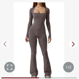 Qinsen Dark Gray Square Neck Wide Leg Jumpsuit Size Medium